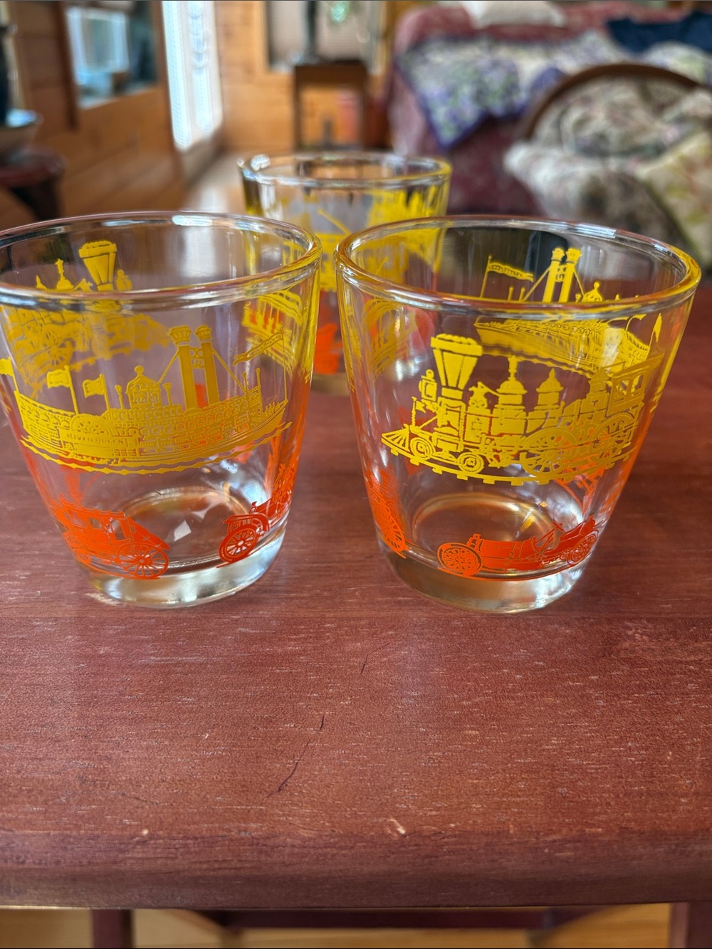 Set-3 Vintage Train Steamboat Carriage Travel Motif Sour Cream Glass Tumblers